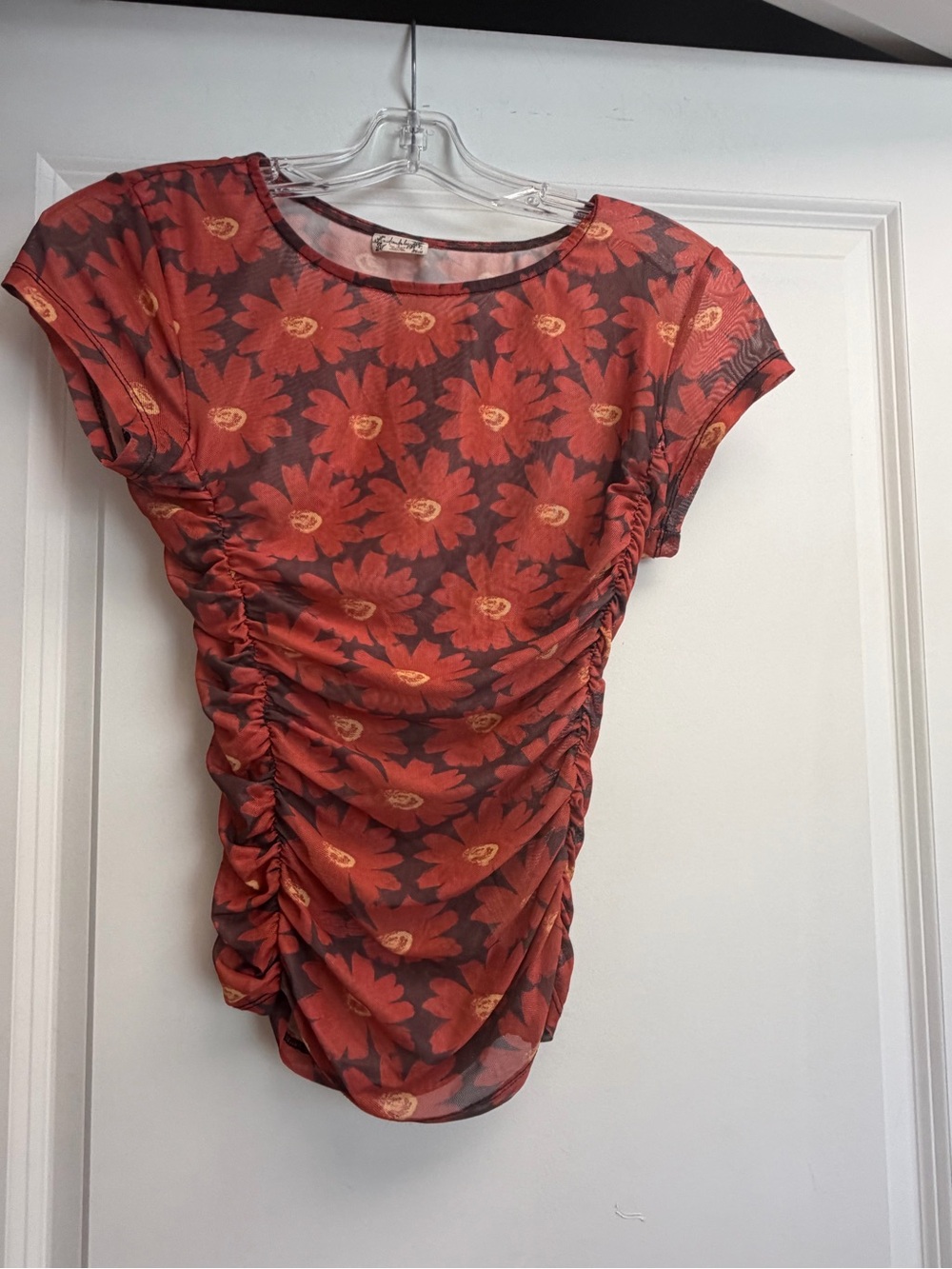 Free People Red Floral Ruched Short Sleeve Tee